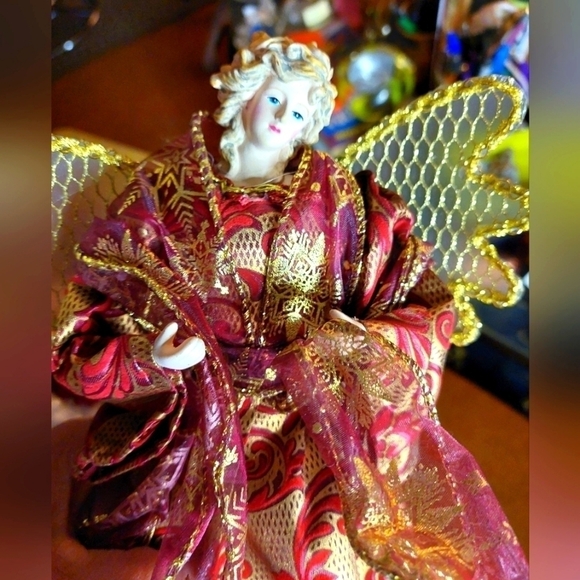 NWOT. Vintage* Angel Tree Topper, Burgandy & Gold Gown - Picture 1 of 6